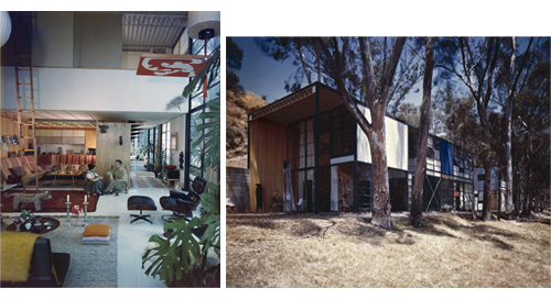 Case Study House #8: Charles and Ray Eames in their living room (left) and exterior (right), Pacific Palisades, 1968. © J. Paul Getty Trust. Used with permission. Julius Shulman Photography Archive, Research Library at the Getty Research Institute (2004.R.10)
