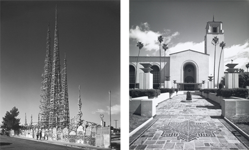 Simon Rodia’s Watts Towers, Los Angeles, 1967 (left) and Union Station, Los Angeles, 1973 (right). © J. Paul Getty Trust. Used with permission. Julius Shulman Photography Archive, Research Library at the Getty Research Institute (2004.R.10)
