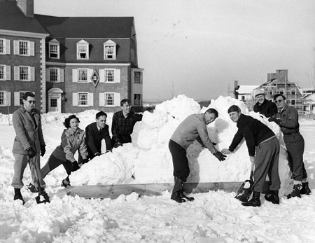Faculty group prepares snow sculpture | 1949 | Colbiana Photographs | Colby College Special Collections, Waterville, Maine