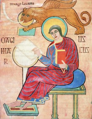 Lindisfarne Gospels, Evangelist Saint Mark accompanied by his symbol, a winged lion blowing a trumpet and carrying a book, 698 (710-21)