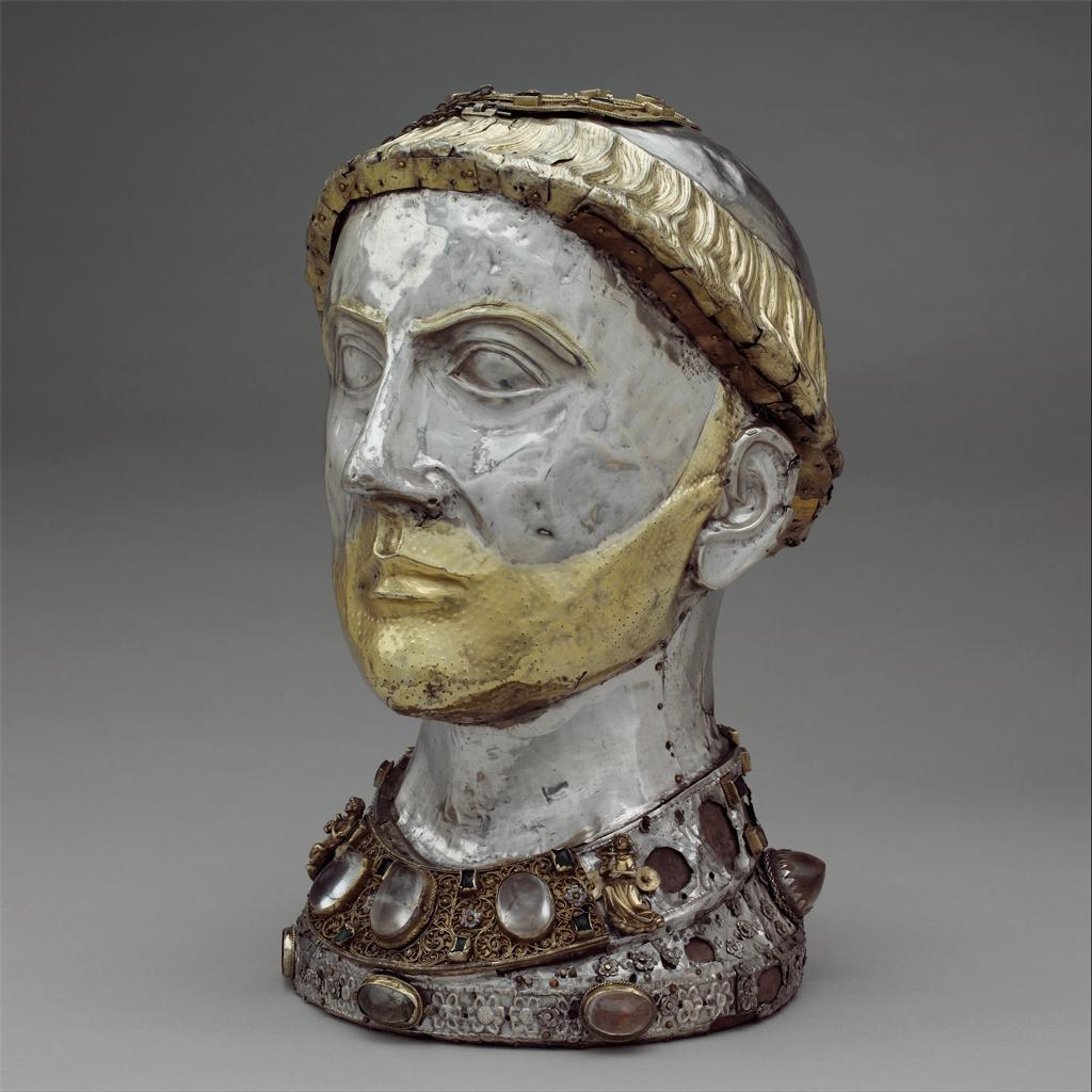 A reliquary in the shape of a bust of a man.